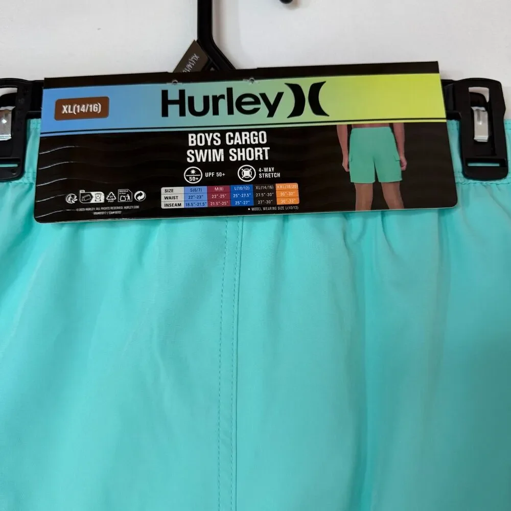 Size XL 14/16 Hurley Boys Cargo Swim Shorts NWT UPF 50+ Stretch Aurora Green